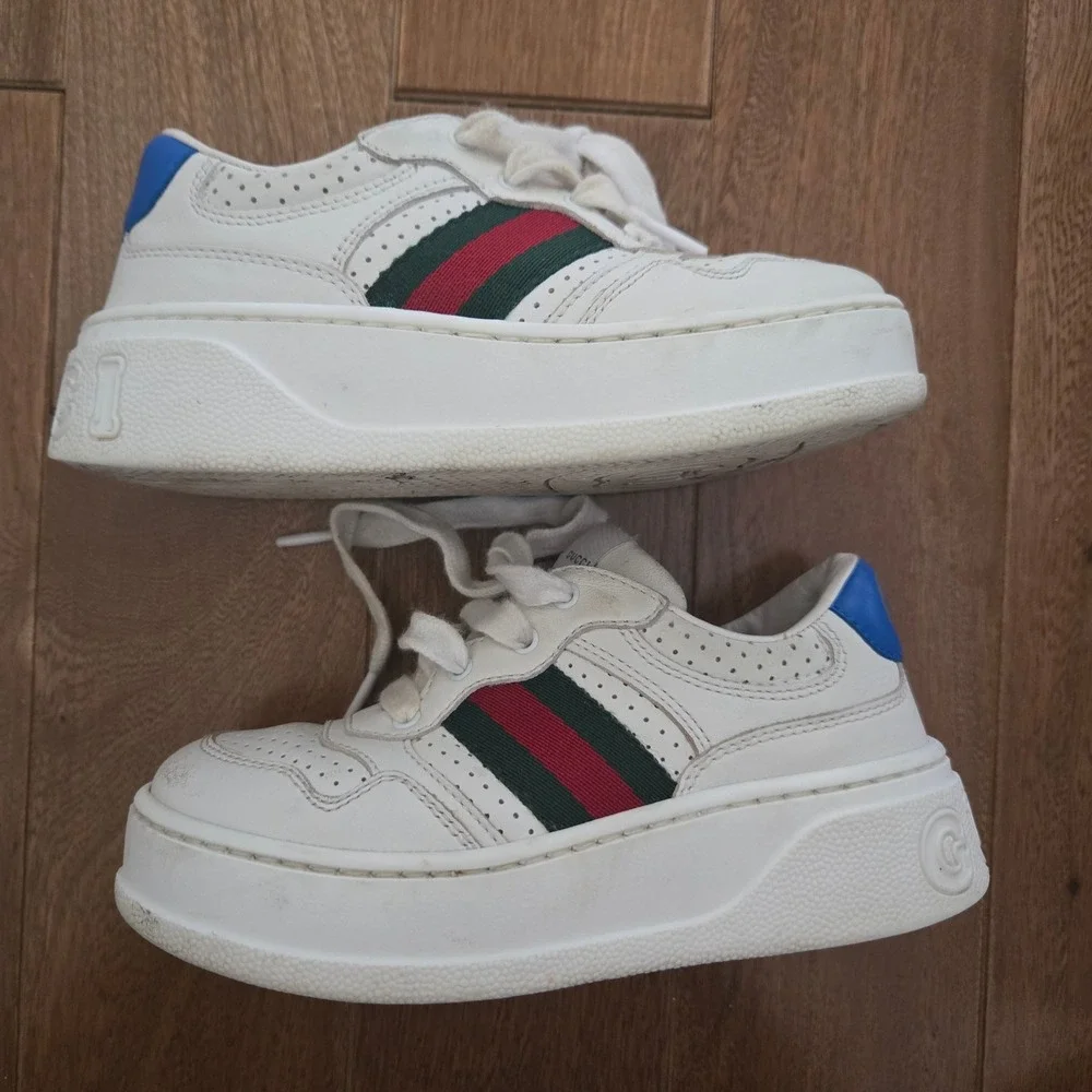 Gucci Kids Web Detail Leather Sneakers White Red Green Stripe Blue 26 US 9.5